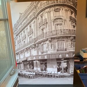Paris restaurant photo. Black and white on canvas.